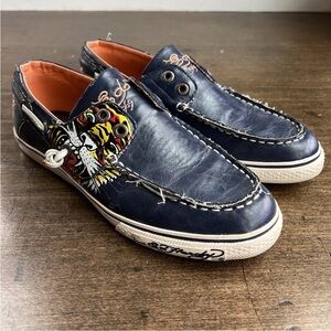 Womens Ed Hardy Navy Leather Loafers with Tiger Motif and Orange Lining
